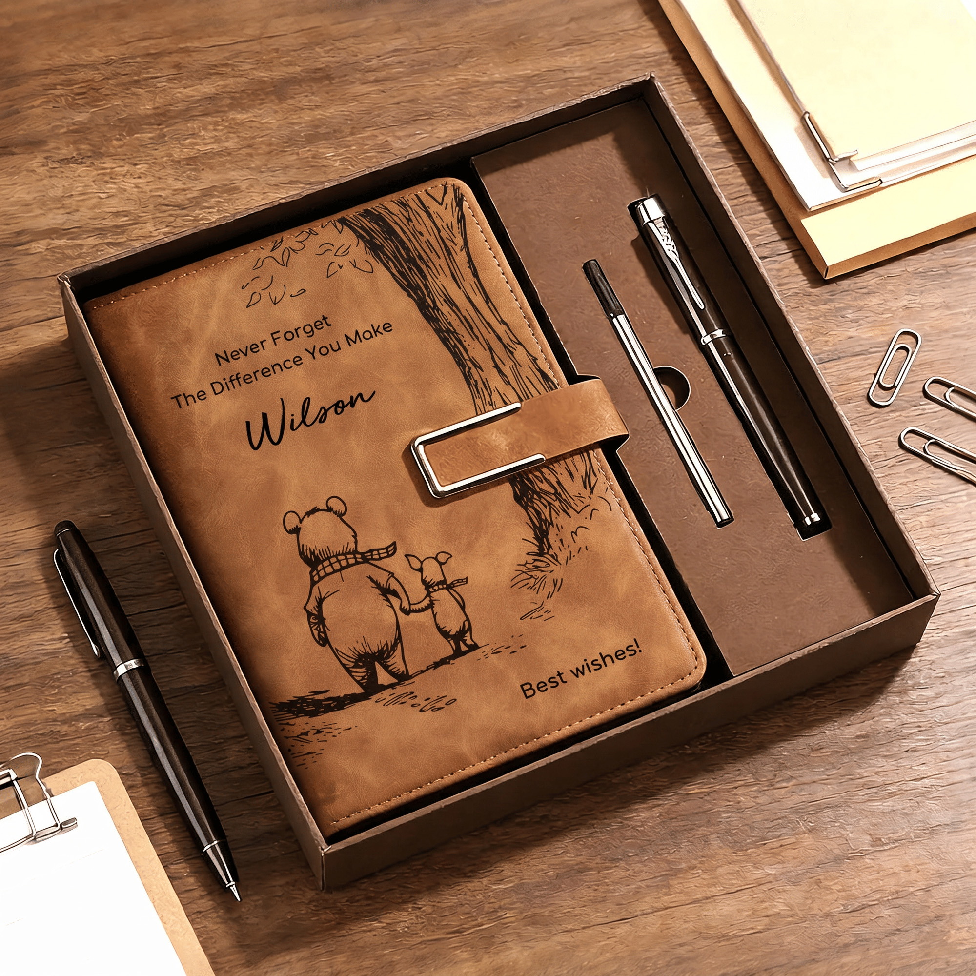 Personalized Classic Winnie the Pooh PU Leather A5 Notebook with Name and Text Back to School Appreciation Week Birthday Gift for Students Teachers