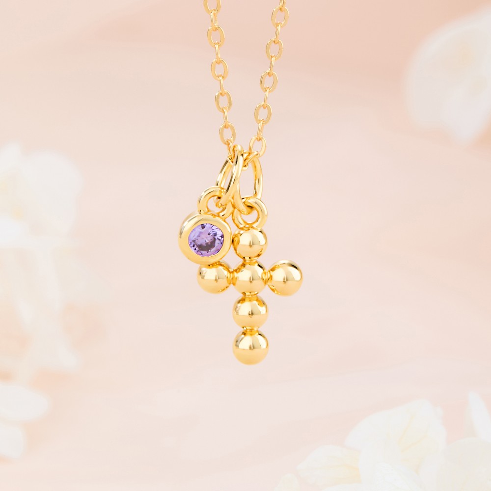 Personalized Beaded Cross Birthstone Necklace Dainty Jewelry Religious Birthday Gift for Christians Women