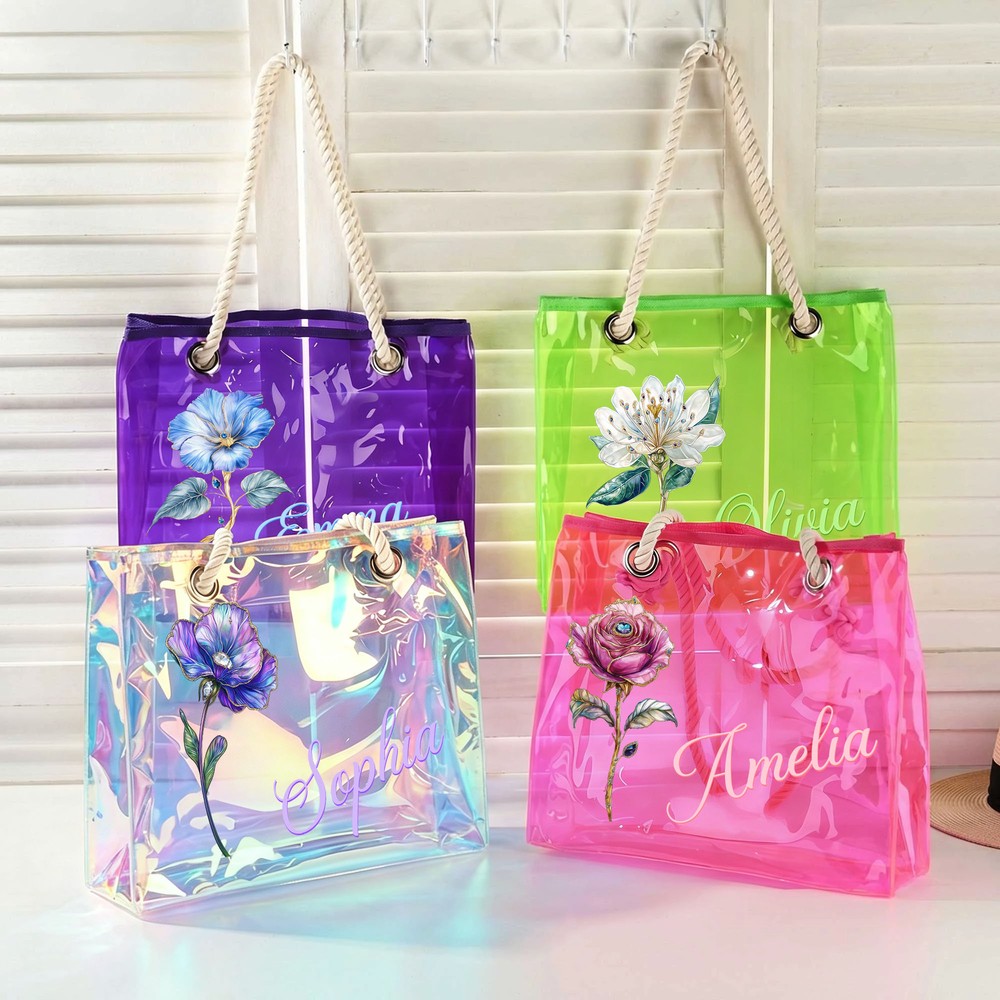 Personalized Birth Flower Neon Laser Clear Tote Bag with Name Birthday Summer Vacation Party Gift for Women