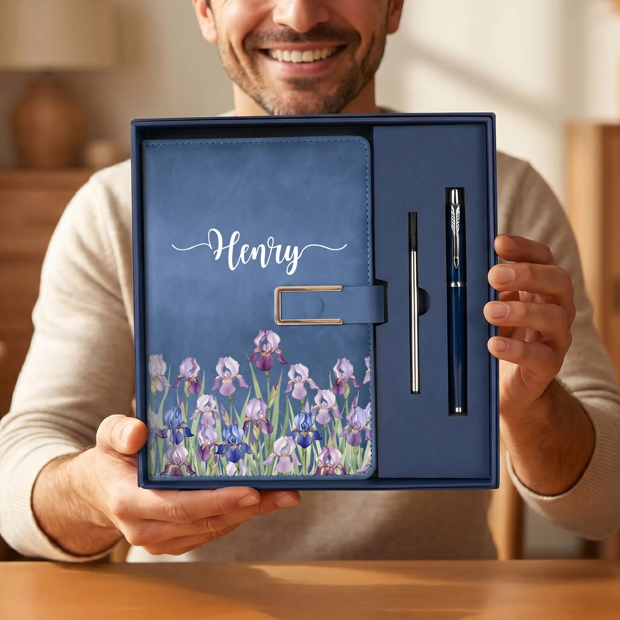 Personalized Multicolor Birth Flower PU Leather A5 Notebook and Pen Set with Name Daily Use Anniversary Birthday Gift for Family Friends