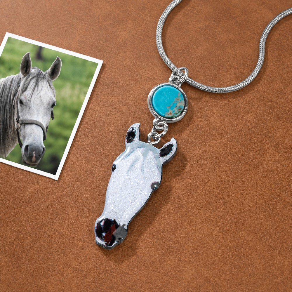 Personalized Hand-Drawn Horse or Mule Face Photo Necklace with Turquoise Dainty Jewelry Birthday Anniversary Gift for Horse Lovers