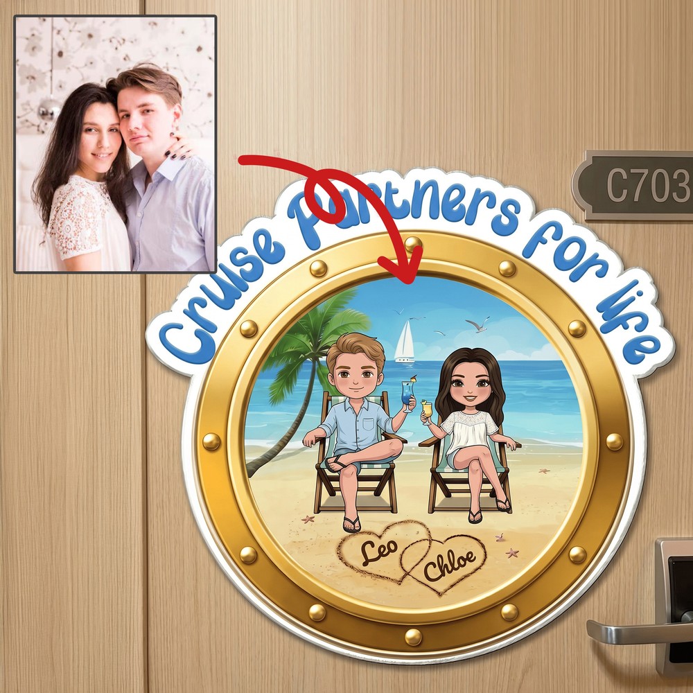 Personalized Cartoon Character Design Photo Beach Cruise Door Magnet with Name Home Decor Birthday Summer Travel Gift for Couple