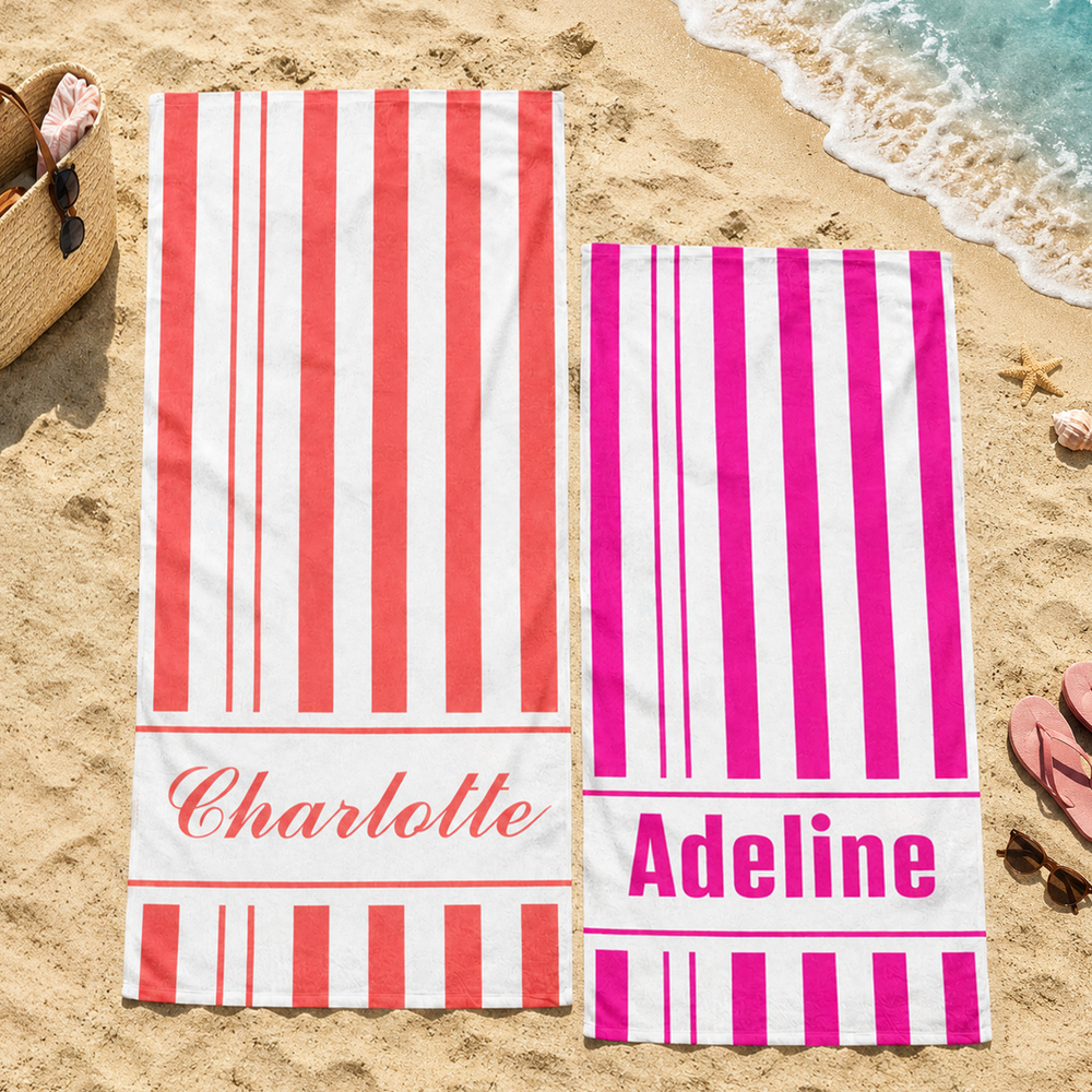 Personalized Multicolor Stripe Name Quick Dry Microfiber Beach Towel and Drawstring Bag Set Vacation Birthday Gift for Family Friends