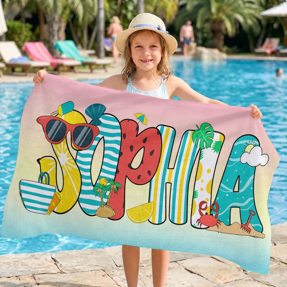 Personalized Colorful Doodle Letter Absorbent Beach Towel and Bag with Name Daily Use Summer Holiday Beach Party Gift for Women Girls