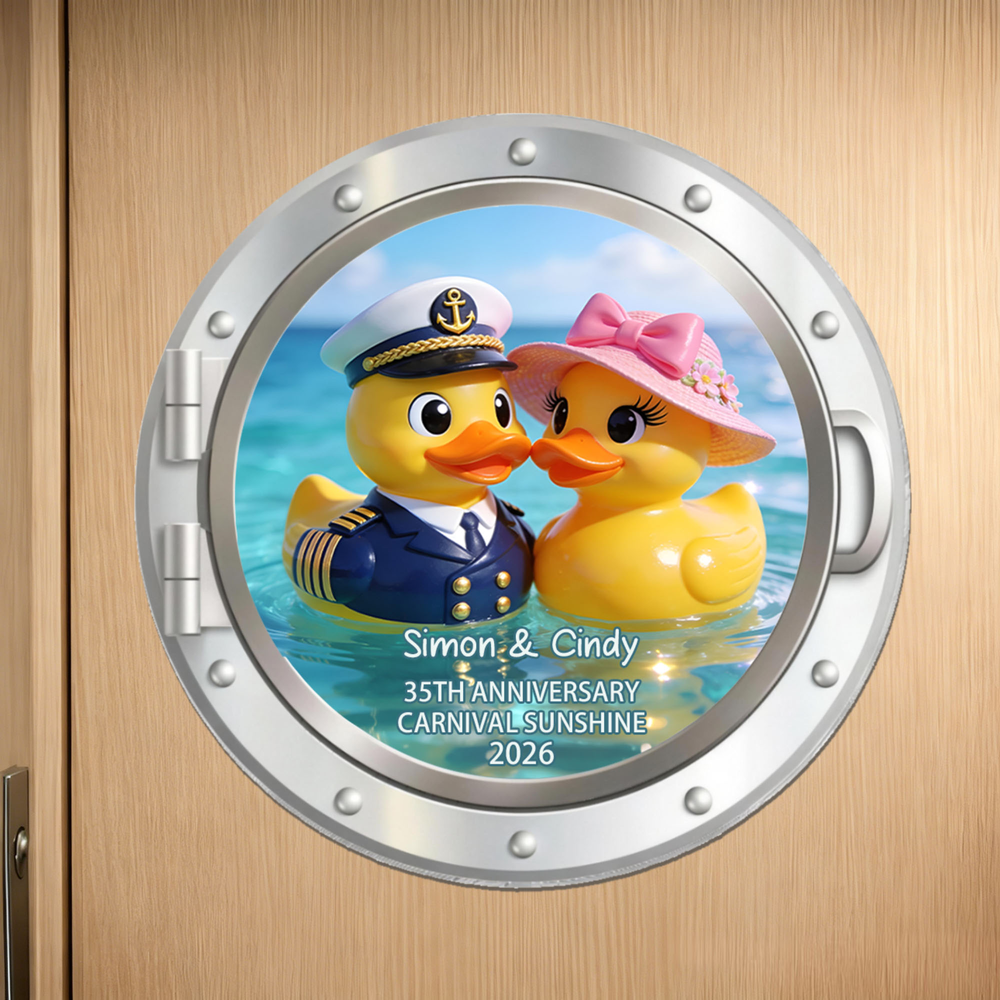 Personalized Cruise Ship Captain & Lady Rubber Ducky Fridge Magnet with Name Text and Year Cruise Vacation Summer Travel Anniversary Gift for Couple
