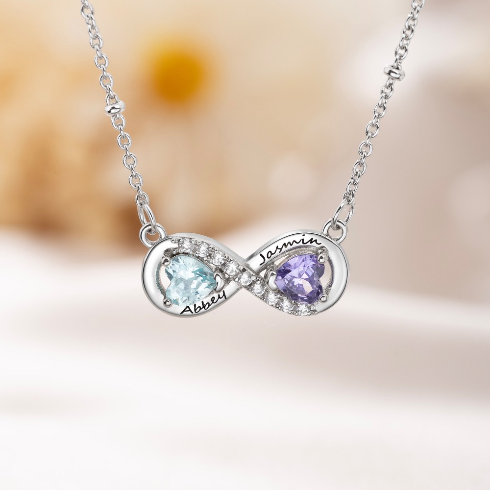 Personalized 2 Heart Birthstones Zircon Infinity Necklace with Names Dainty Jewelry Birthday Anniversary Wedding Christmas Gift for Women