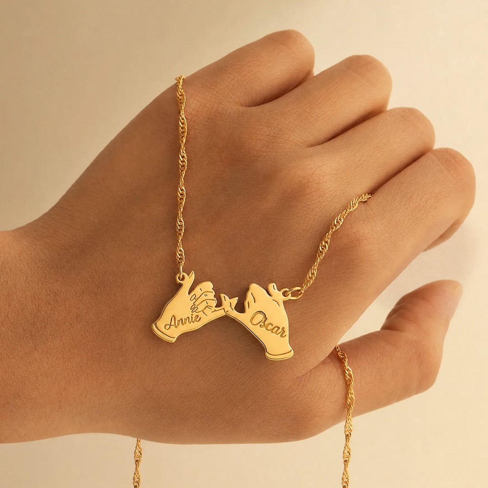 Personalized Pinky Promise Hand Pendant Necklace with Name Dainty Jewelry Daily Wear Birthday Gift for Couple