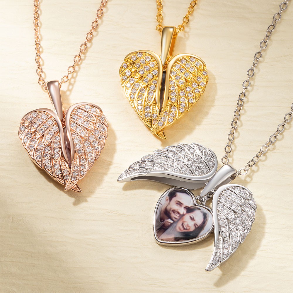 My Guardian Angel Always Close to My Heart - Personalized Sterling Silver Angel Wing Photo Locket Necklace