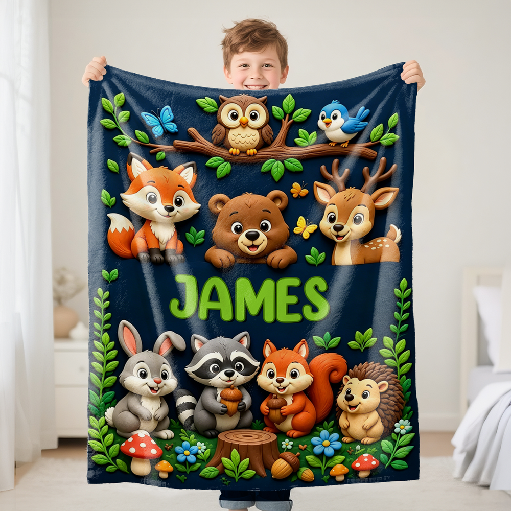 Personalized Cute Woodland Animal Truck Fantasy Cartoon Theme Design Soft Throw Blanket with Name Room Decor  Daily Use Birthday Gift for Kids