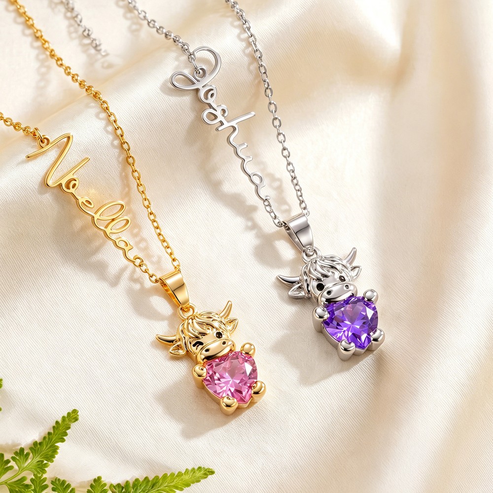 Personalized Heart Birthstone Highland Cow Necklace with Name Dainty Jewelry Anniversary Birthday Gift for Woman Mom