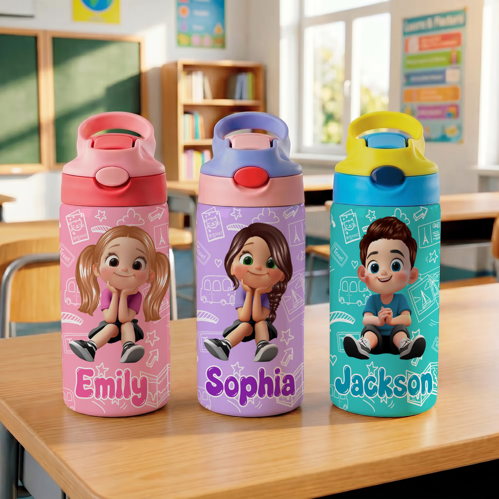 Personalized Multicolor Cartoon Character Kid Water Bottle with Name and Silicone Straw Birthday Back to School Gift for Boys Girls Kids