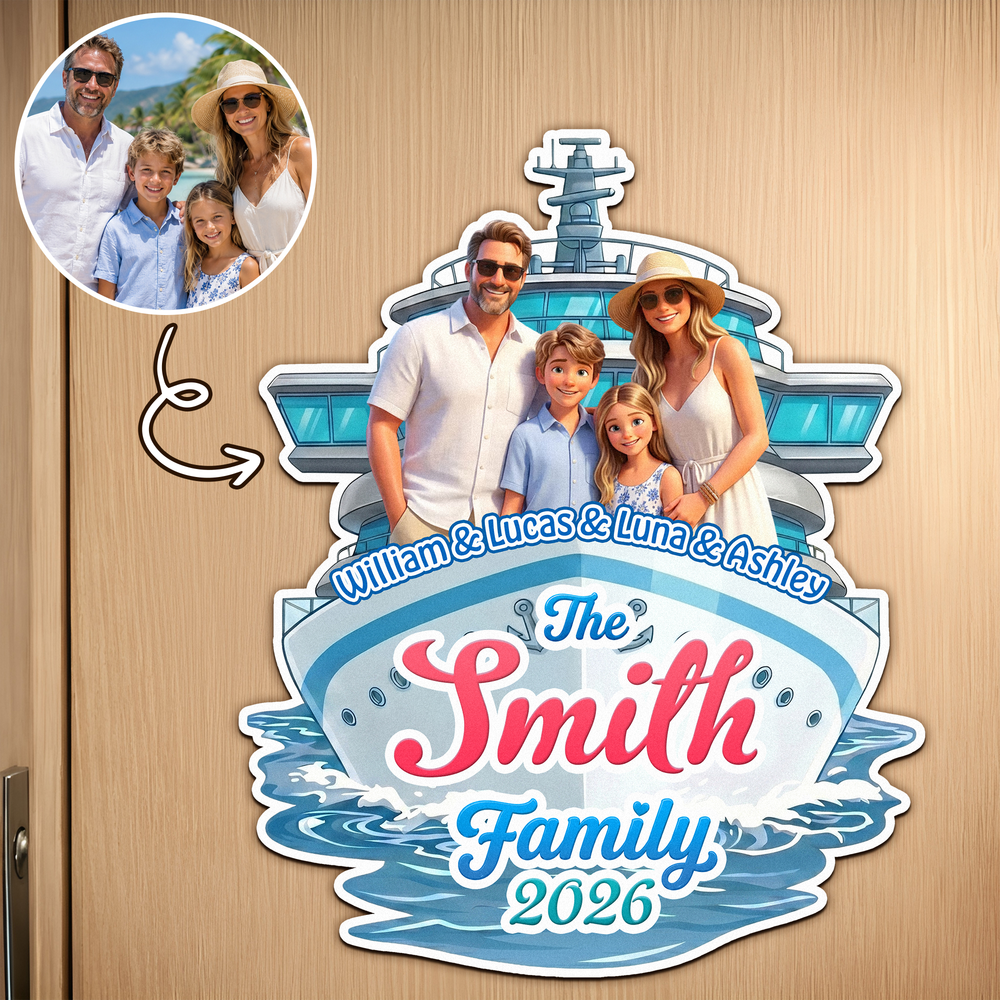 Personalized Photo to Cartoon Cruise Ship Fridge Magnet with Name Home Decor Summer Travel Birthday Gift for Family Travel Lovers