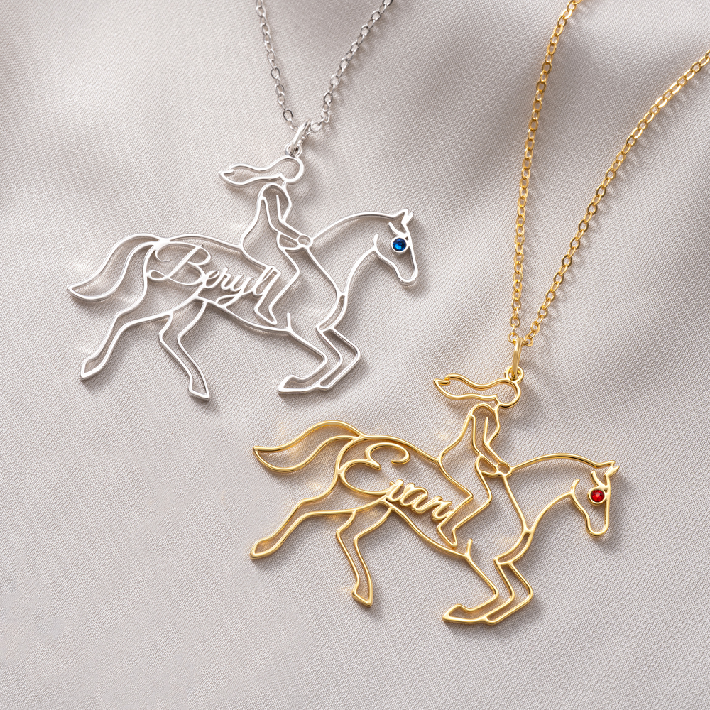Personalized Elegant Horse Silhouette Birthstone Necklace With Name Horse Show Competition Birthday Gift for Women Equestrians