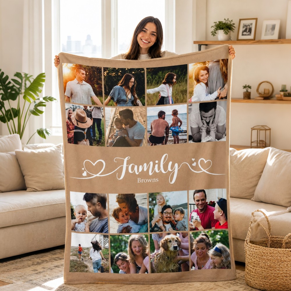 Personalized Multicolor 16 Photos Collage Soft Family Throw Blanket with Name Birthday Christmas Home Decor Gift for Family