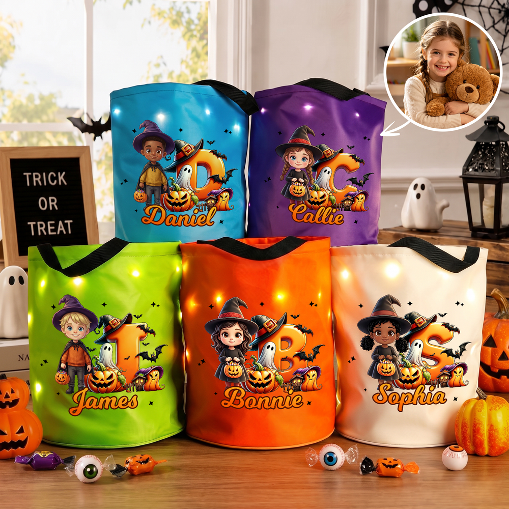 Personalized Halloween Theme Photo Comic Style Cartoon Character LED Light Bucket Bag with Name Halloween Trick or Treat Activity Gift for Kids