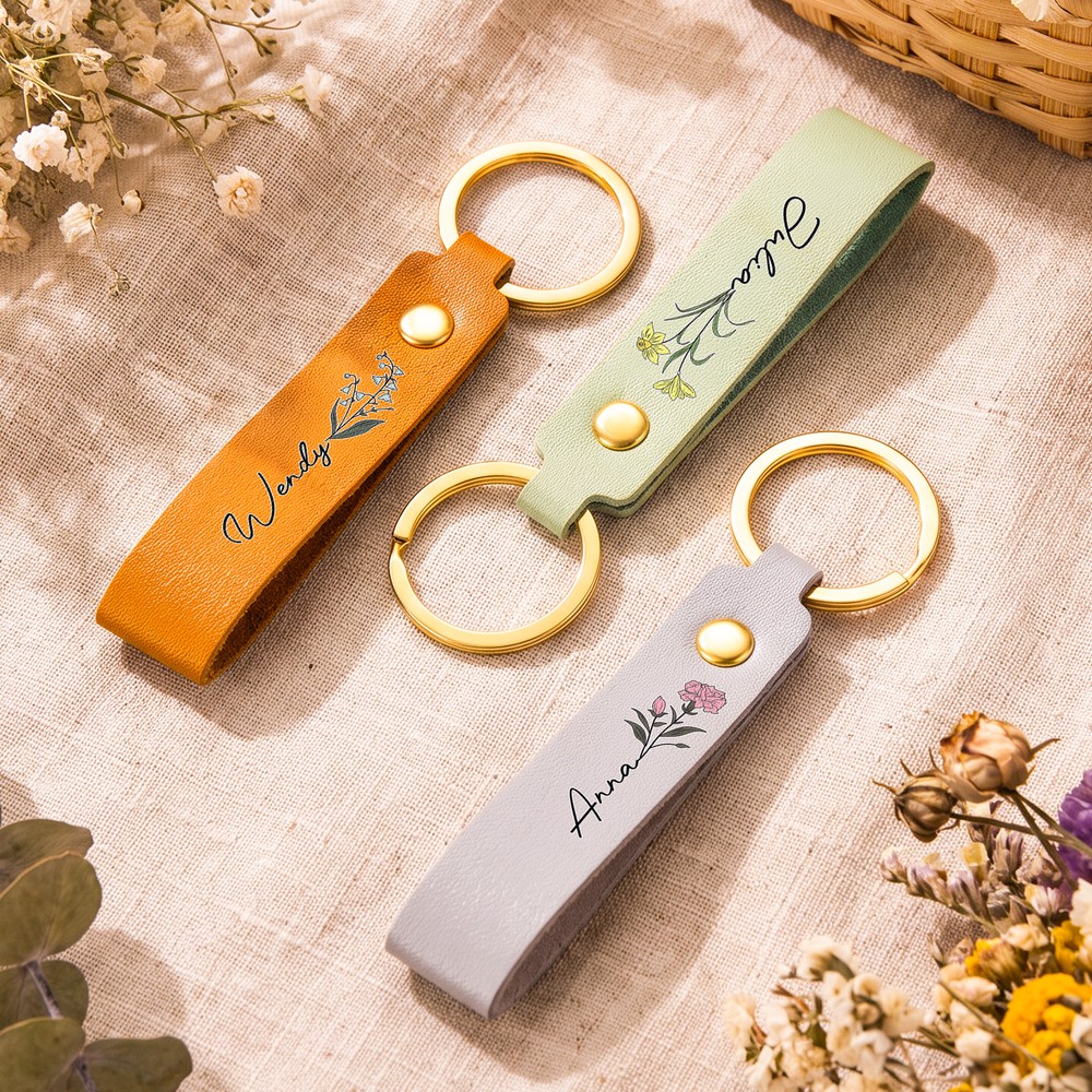 Personalized Birth Flower PU Leather Multicolor Keychain with Name Wedding Party Birthday Anniversary Gift for Her