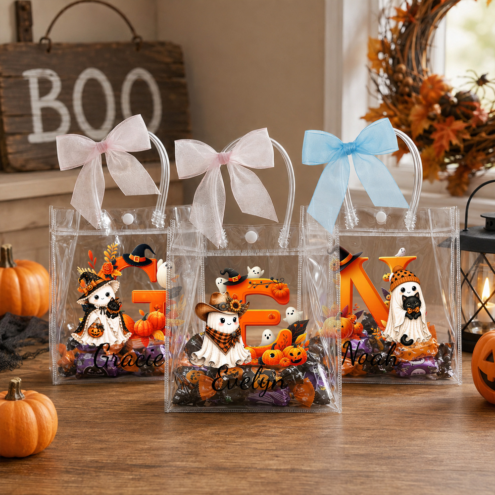 Personalized Halloween Theme Initial Transparent Bag with Name Daily Use Travel Trick or Treat Halloween Gift for Boys Girls