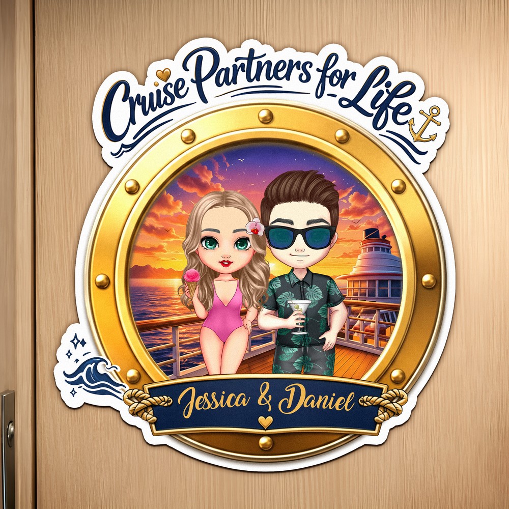 Personalized Cartoon Couple Character Cruise Fridge Magnet with Name Home Decor Birthday Summer Travel Gift for Couple Newlyweds