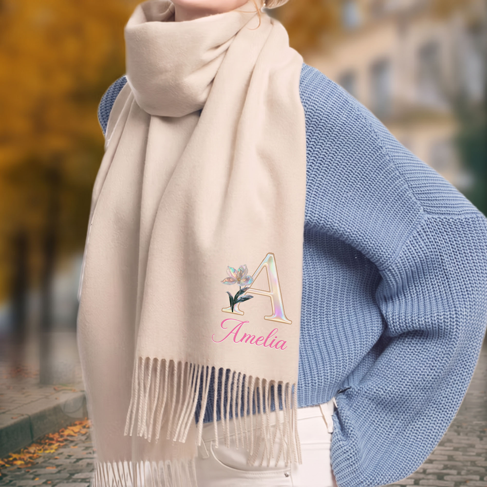 Personalized Mother of Pearl Effect Birth Flower & Initial Soft Warm Tassel Scarf Shawl with Name Winter Accessory Christmas Gift for Women