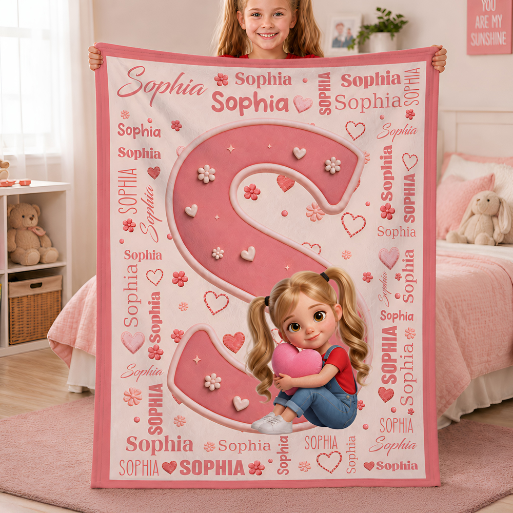 Personalized Multicolor 3D-Effect Art Cartoon Photo Character Soft Throw Blanket with Name and Initial Daily Use  Birthday Gift for Kids