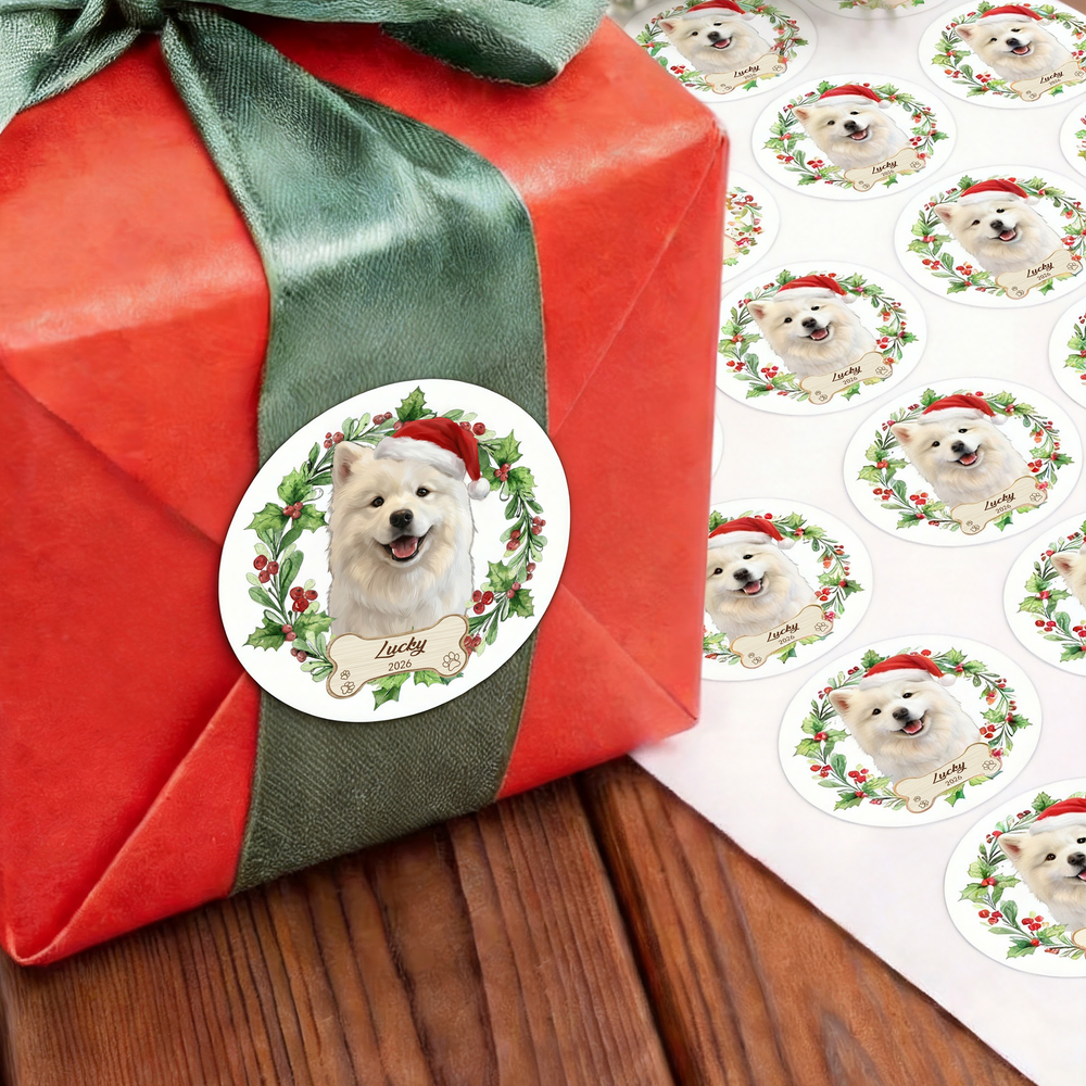 Personalized Holly Wreath Bone Santa Hat Pet Photo Waterproof Stickers Labels with Text Gift Decor Christmas Party Gift for Pet Owner Lover