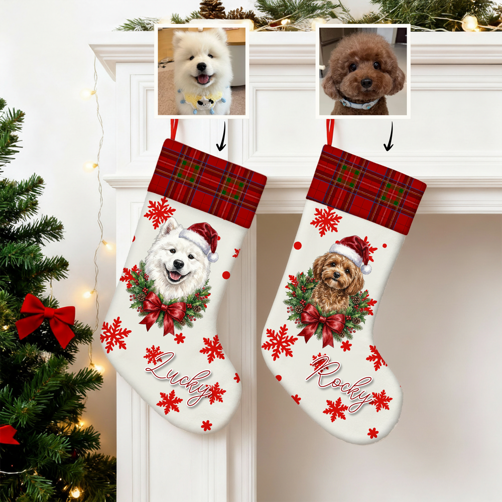 Personalized Christmas Theme Snowflake Pet Photo Christmas Stocking with Name Home Decoration Christmas Gift for Pet Lovers Owners Family