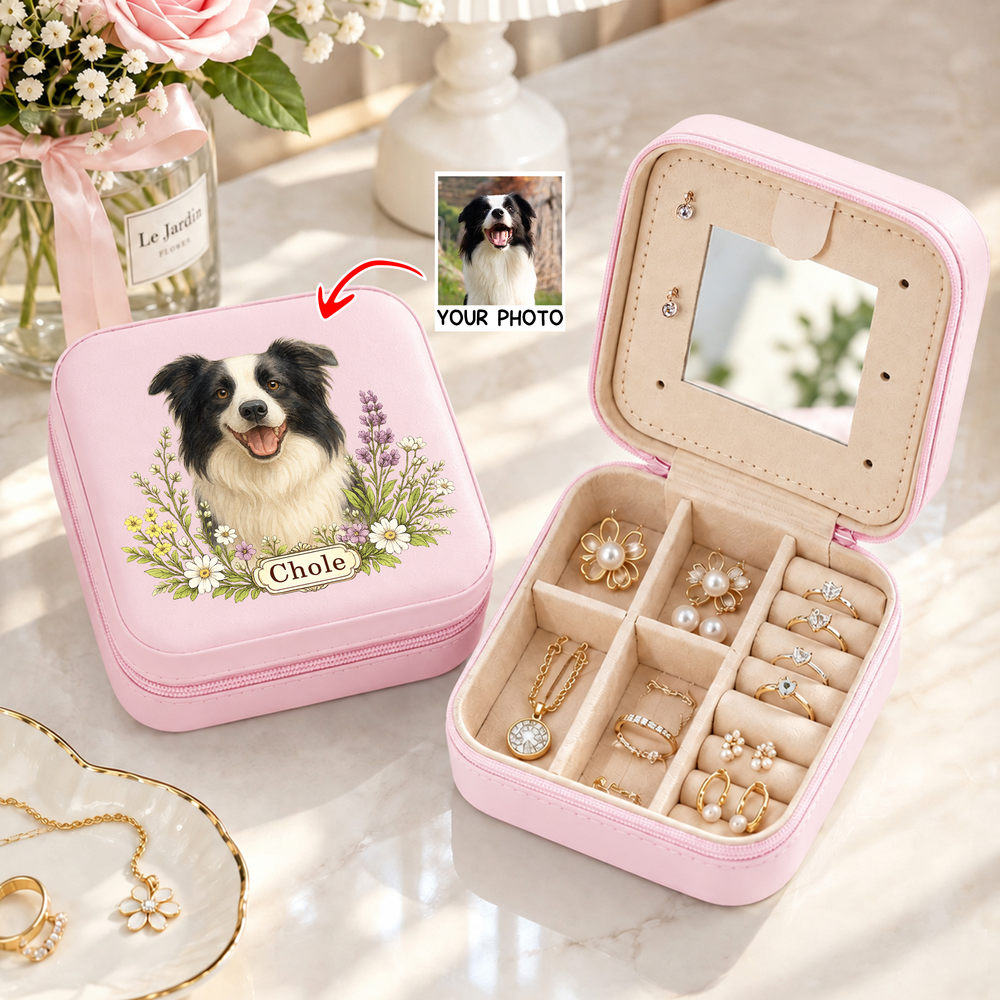 Personalized Watercolor Style Pet Photo PU Leather Jewelry Box with Name Portable Travel Accessories Birthday Gift for Pet Lover