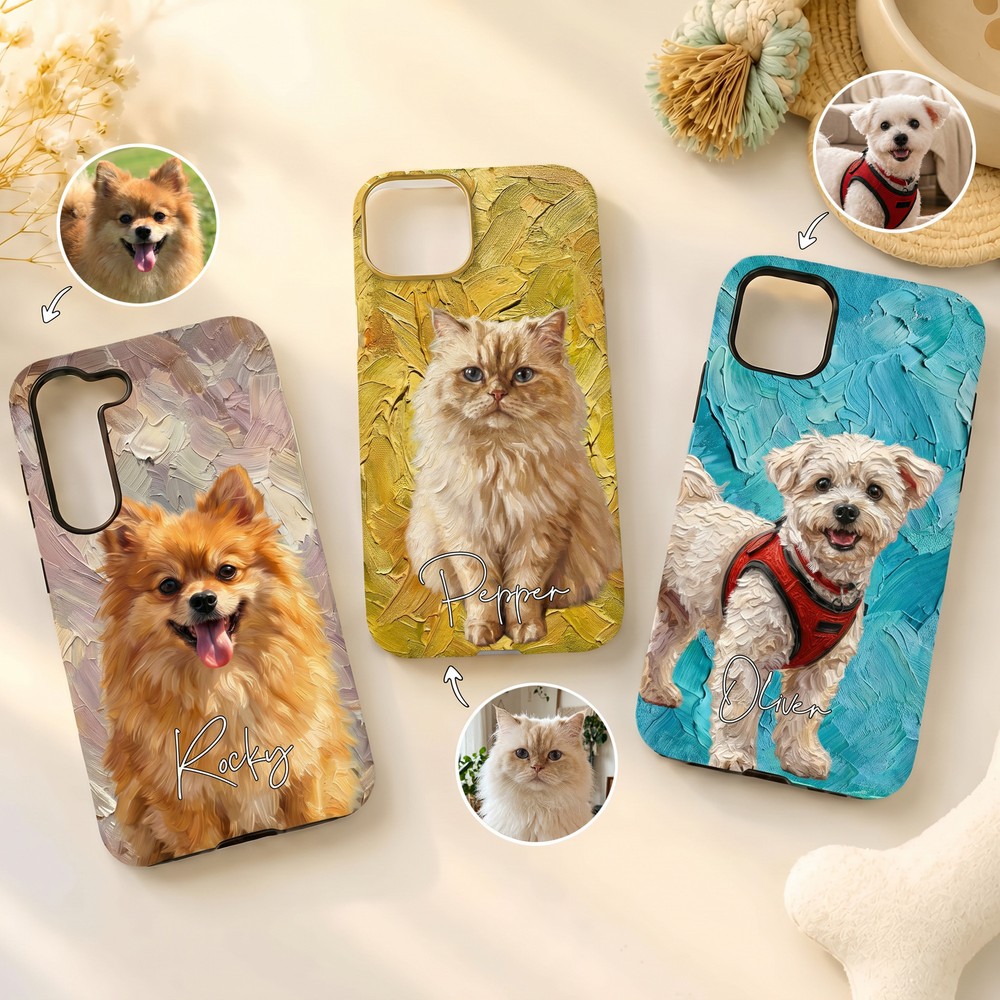 Personalized Oil Painting Style Pet Photo Phone Case for iPhone with Nickname Birthday Gift for Pet Lovers Owners