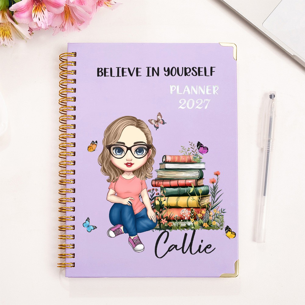 Personalized Butterfly Floral Cartoon Character 26-27 Planner Spiral A5 Notebook with Weekly Monthly Planner Pages Birthday Gift for Family Friends