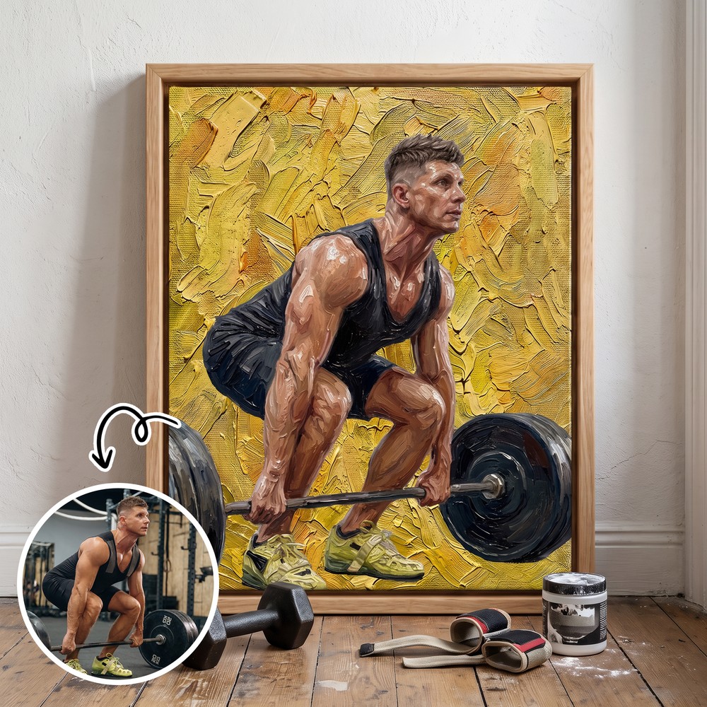 Personalized Oil Painting Style Weightlifting Photo Wooden Canvas Prints with Name Home Decor Ship from USA Gym Birthday Gift for Weightlifters