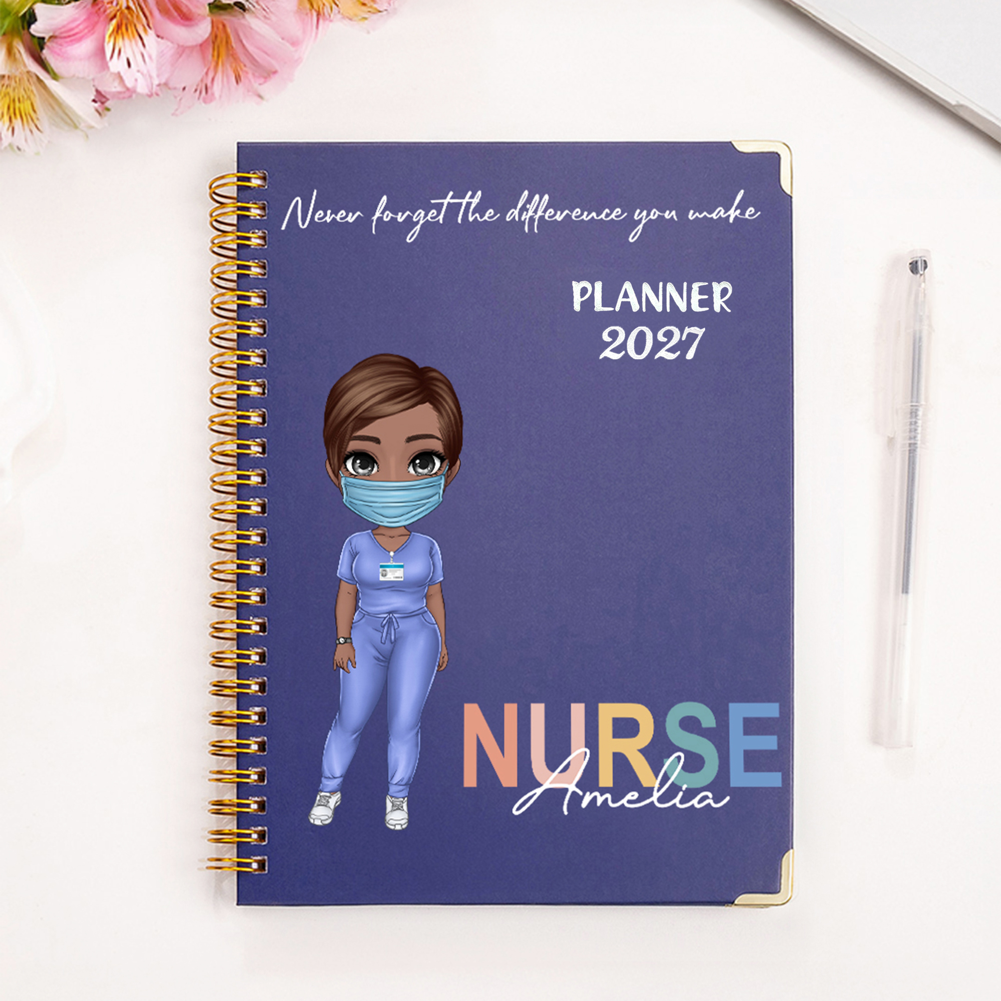 Never Forget The Difference You Make - Personalized Cartoon Medical Character 2026/2027 Planner A5 Spiral Notebook