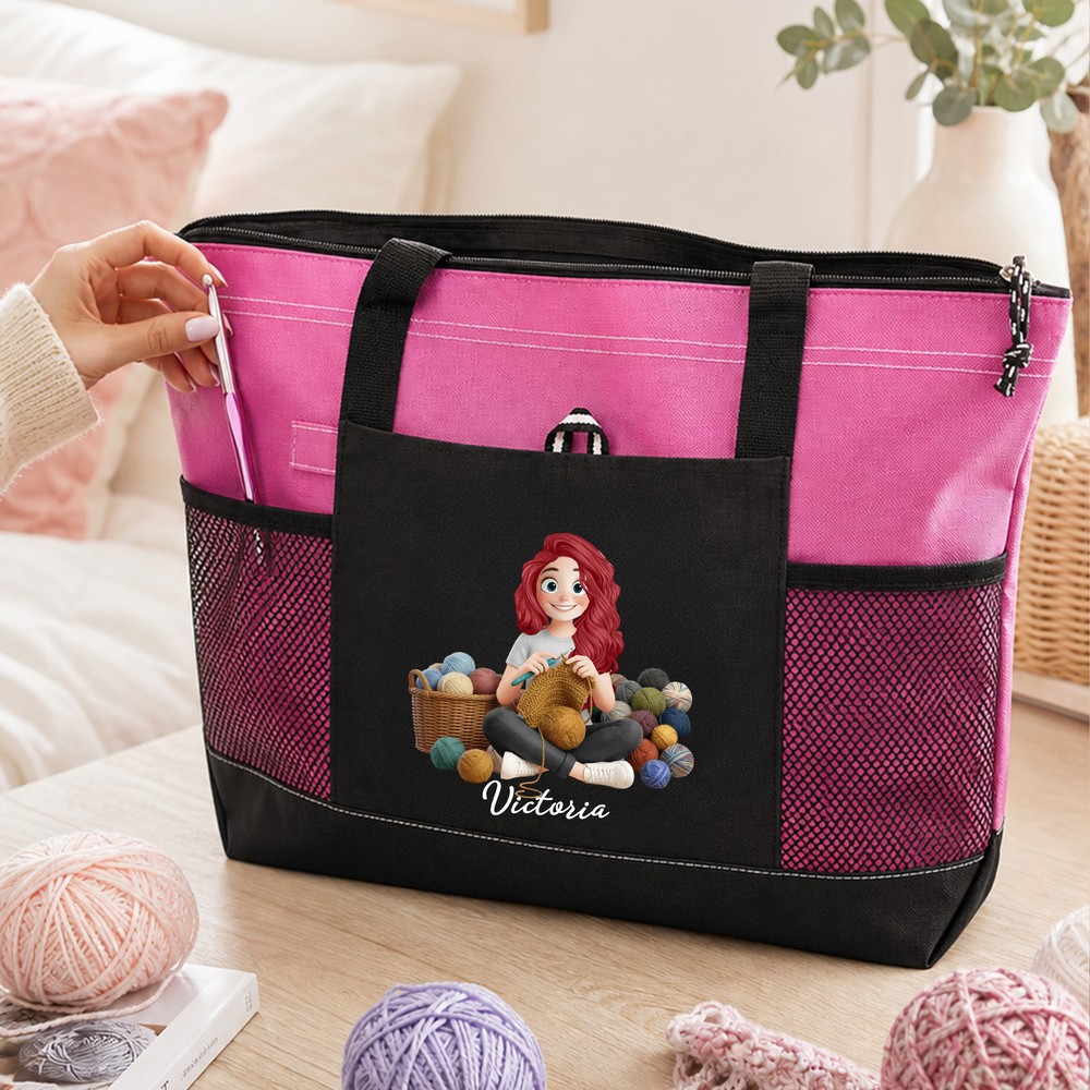 Personalized 3D-Effect Artwork Yarn Knitting Cartoon Character Zippered Tote Bag with Name and Mesh Pocket Birthday Gift for Knitting Lovers Women