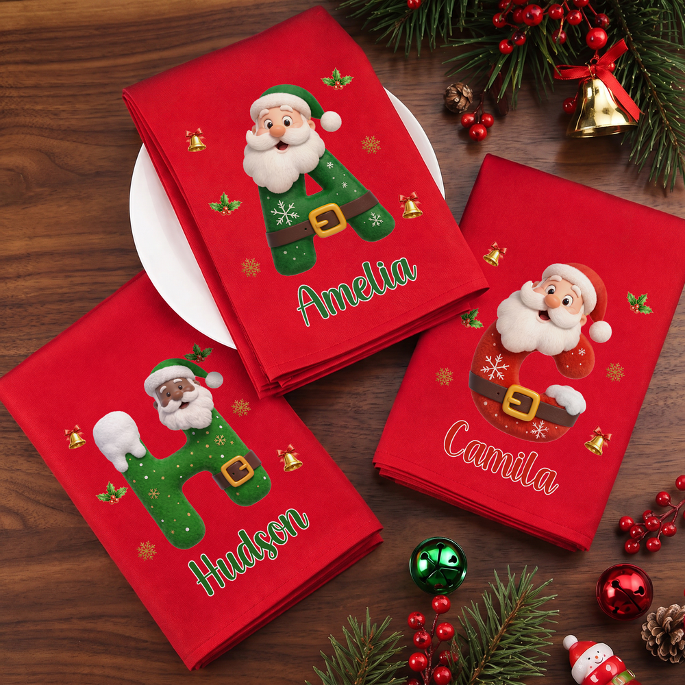 Personalized Cartoon Santa Claus Initial Design 100% Cotton Red Napkin with Name Family Gathering Christmas Gift for Family Friends