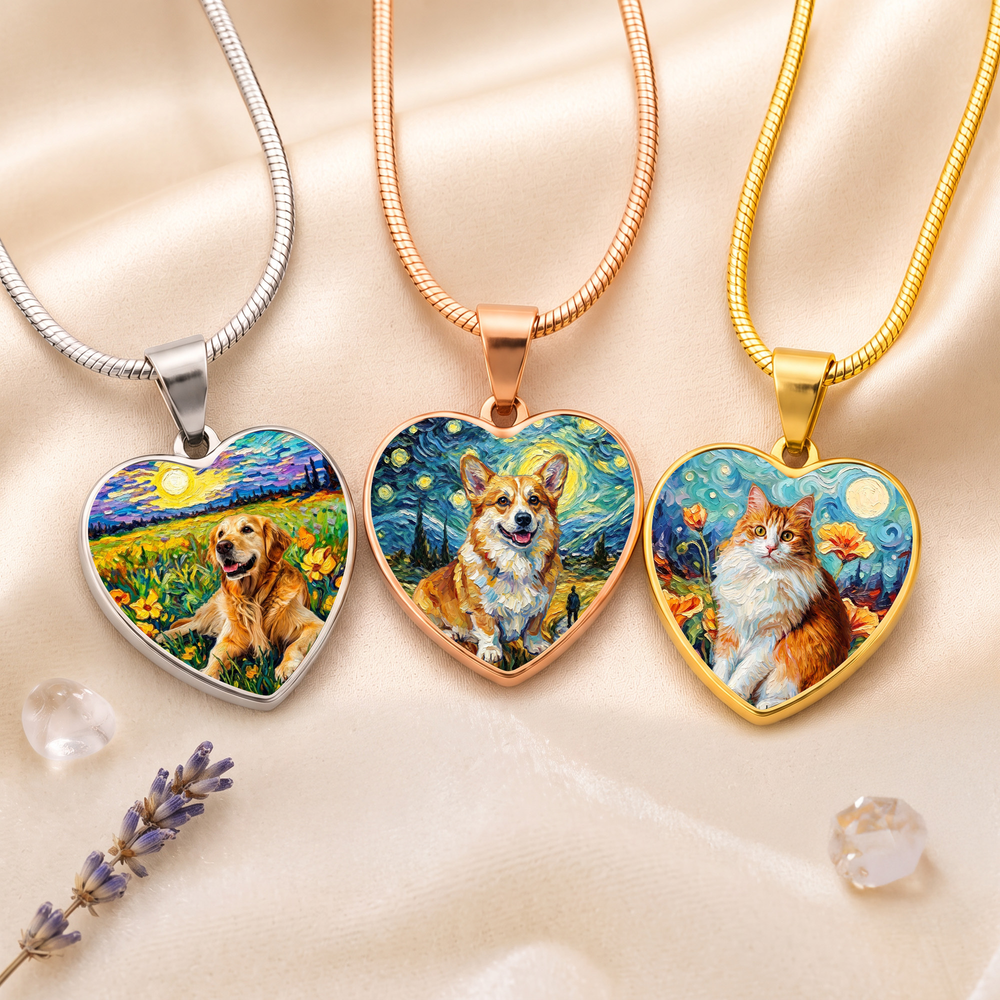 Personalized Oil Painting Pet Photo the Starry Night Sterling Silver Heart Necklace with Engraved Name and Date Birthday Gift for Pet Lovers Owners