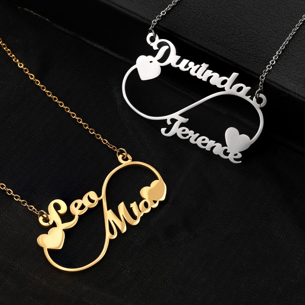 Personalized infinity Double Heart Hollow Name Pendant Necklace Dainty Jewelry Birthday Anniversary Gift for Couple
