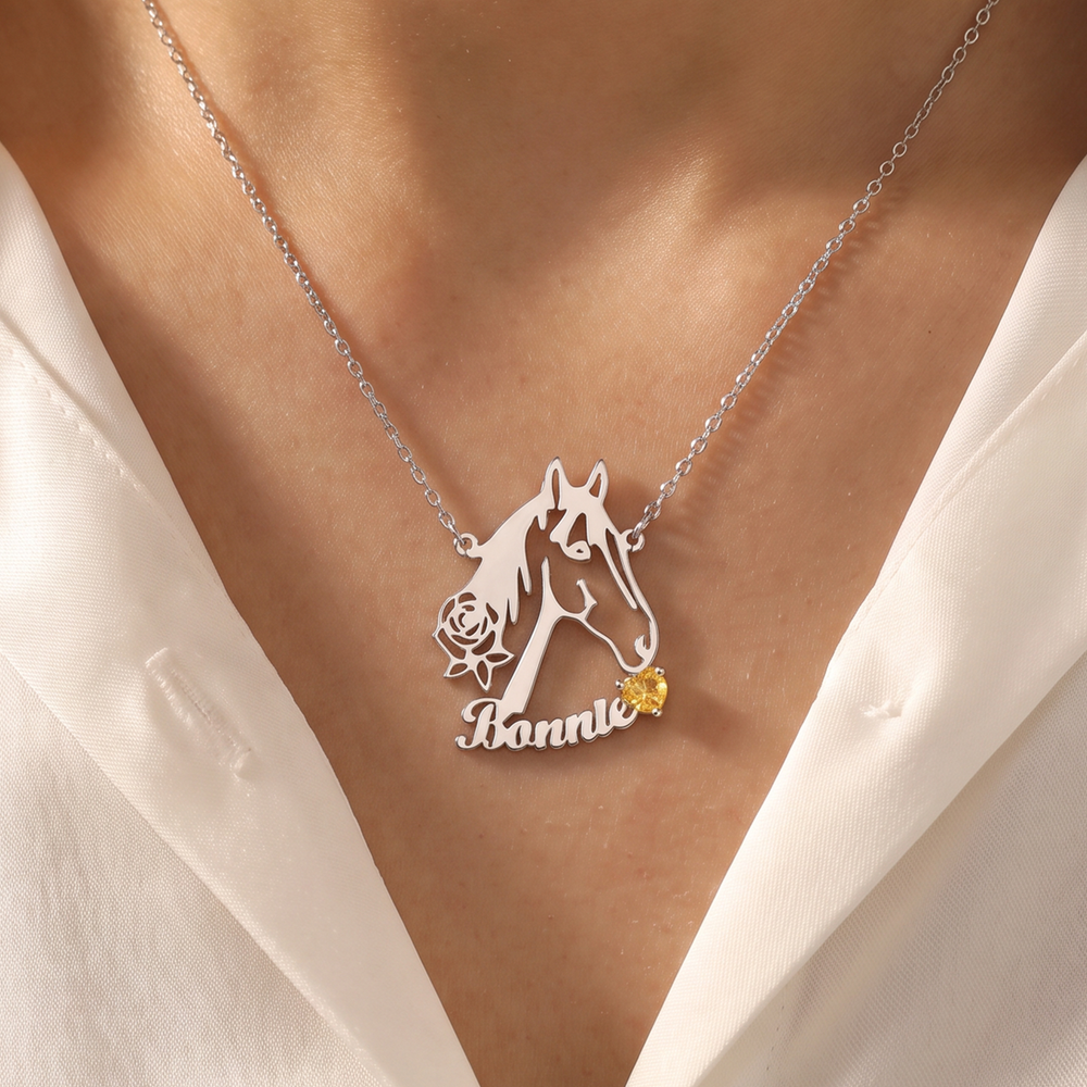 Personalized Hollow Horse Rose Sterling Silver Necklace with Name and Birthstone Dainty Jewelry Birthday Gift for Horse Lovers