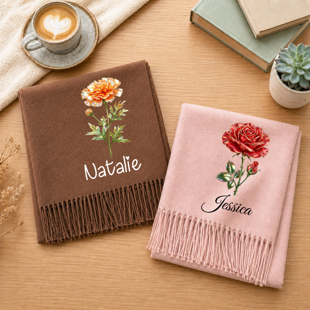 Personalized Multicolor Birth Flower Soft Warm Tassel Scarf Shawl with Name Daily Wear Winter Accessory Christmas Birthday Gift for Women