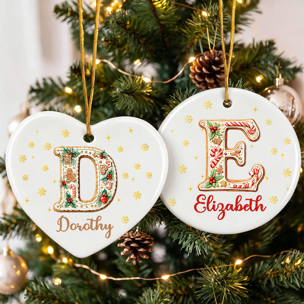 Personalized Christmas Theme Gingerbread Initial Ceramic Ornament with Name Holiday Decoration Christmas Gift for Kids Family