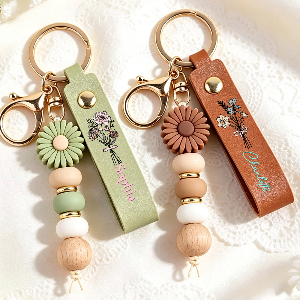 Personalized Birth Flower PU Leather Keychain with Name and Daisy Bead Charm Birthday Wedding Party Gift for Family Besties