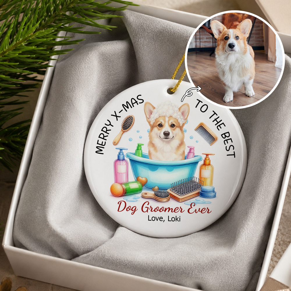 Personalized Cute Cartoon Pet Photo Ceramic Ornament with Name Home Decor Christmas Opening Gift for Pet Groomers Dog Owners
