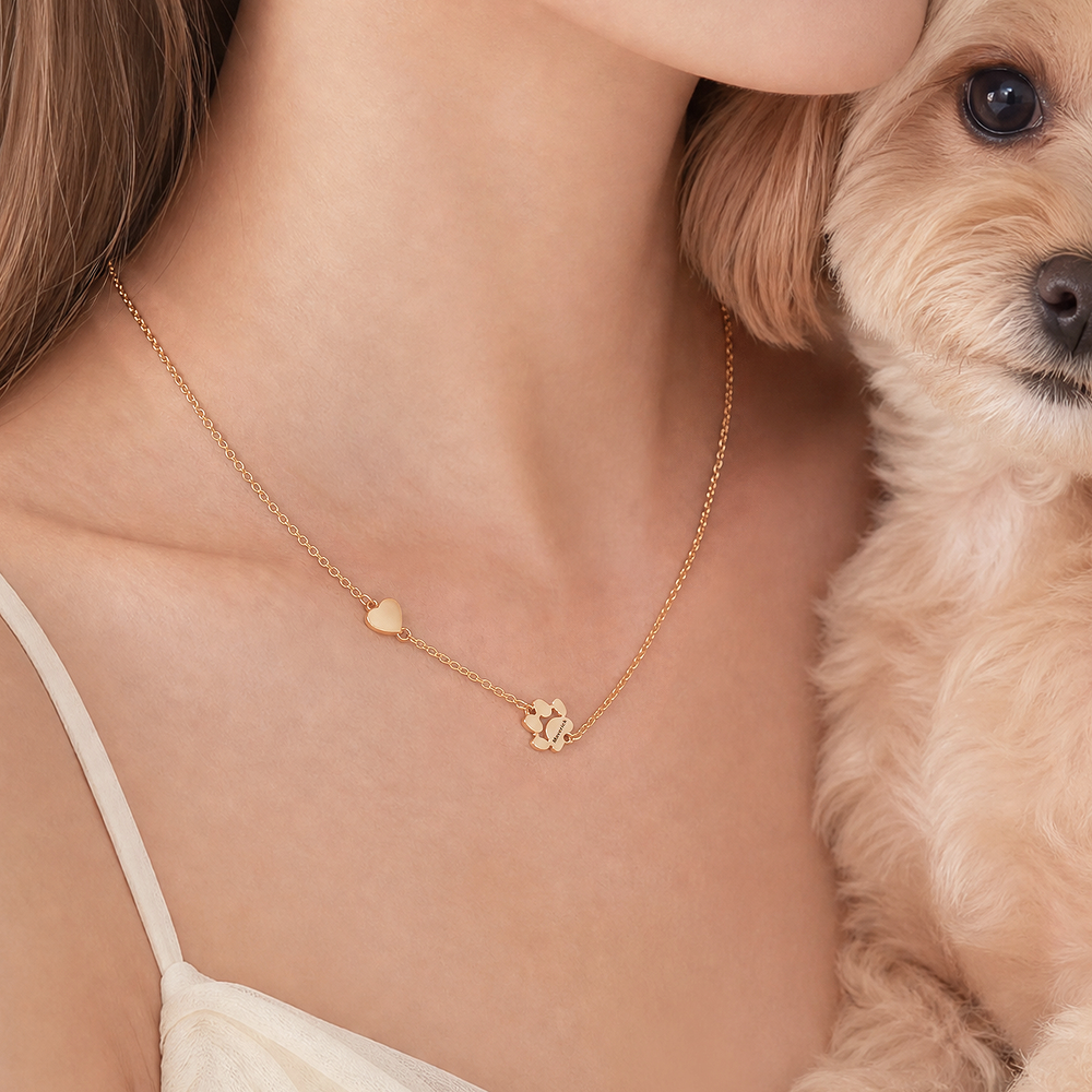 Personalized Heart Paw Print Sterling Silver Necklace with Engraved Name Birthday Memorial Gift for Dog Cat Pet Lovers