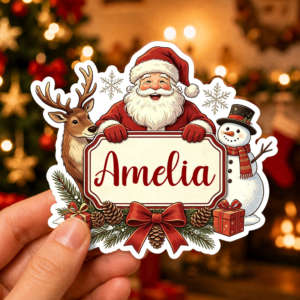Personalized Cute Santa Claus Label Waterproof Stickers with Name Gift Decor Christmas Party Gift for Kids Family Friends