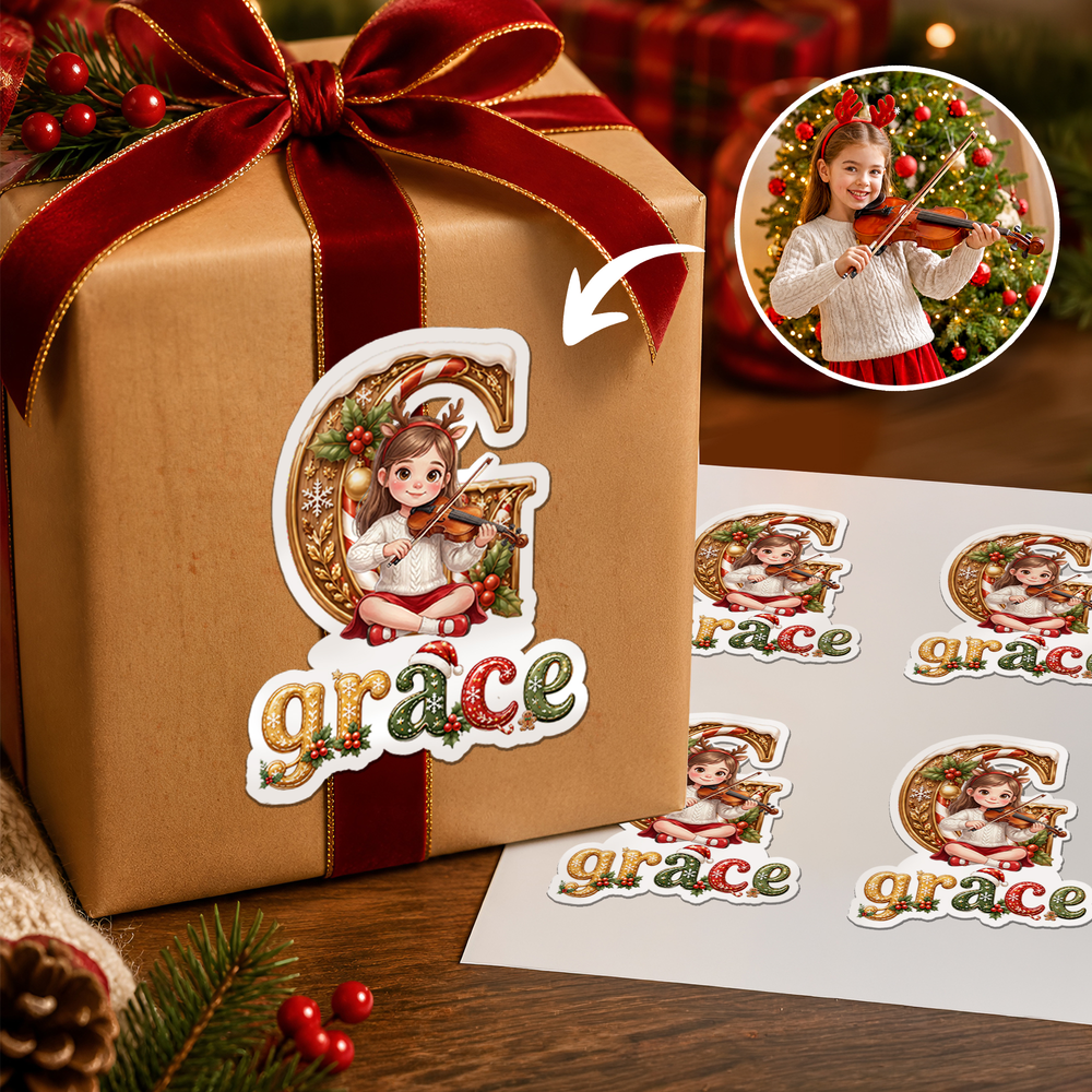 Personalized Christmas Theme 3D-Effect Artwork Cartoon Sitting Character Photo Stickers with Name Gift Decor Christmas Holiday Gift for Friends