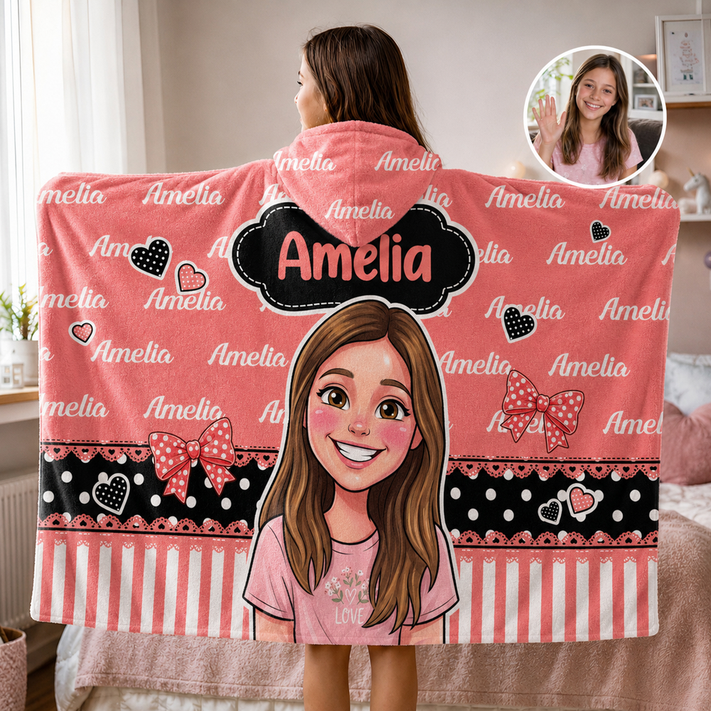 Personalized Polka-Dot Bow Comic Style Character Photo Hoodie Blanket with Name Home Decor Birthday Anniversary Gift for Boy Girl