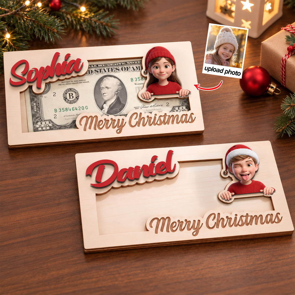 Personalized Christmas Theme Cartoon Character Photo Wood Cash Money Holder with Name Christmas Gift for Kids