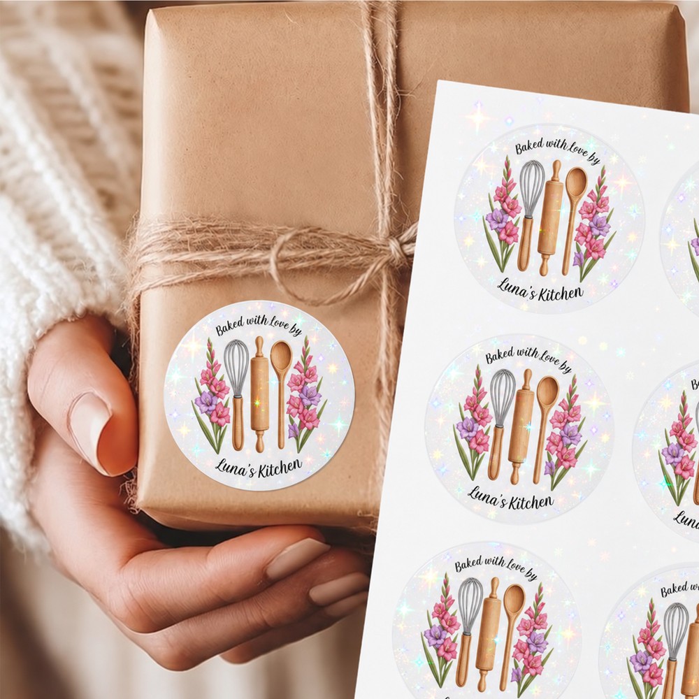 Personalized Birth Flower Baking Tools Design Waterproof Iridescent Stickers Labels with Text Gift Decor Christmas Party Gift for Friends Family