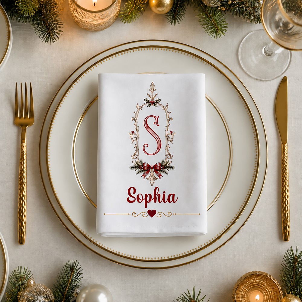 Personalized Retro Frame Bow Initial 100% Cotton Christmas Napkin with Name Table Decoration Holiday Christmas Gift for Family Kids