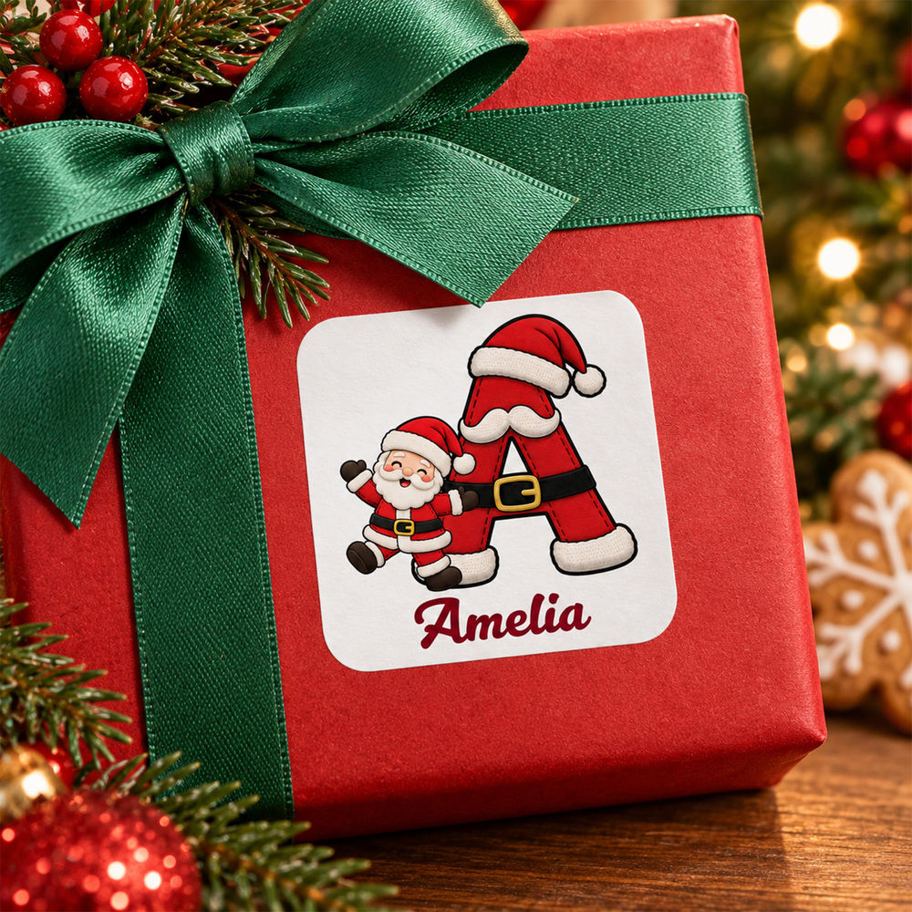 Personalized Christmas Theme Santa Snowman Initial Pattern Waterproof Stickers with Name Christmas Party Holiday Gift for Kids Friends Family