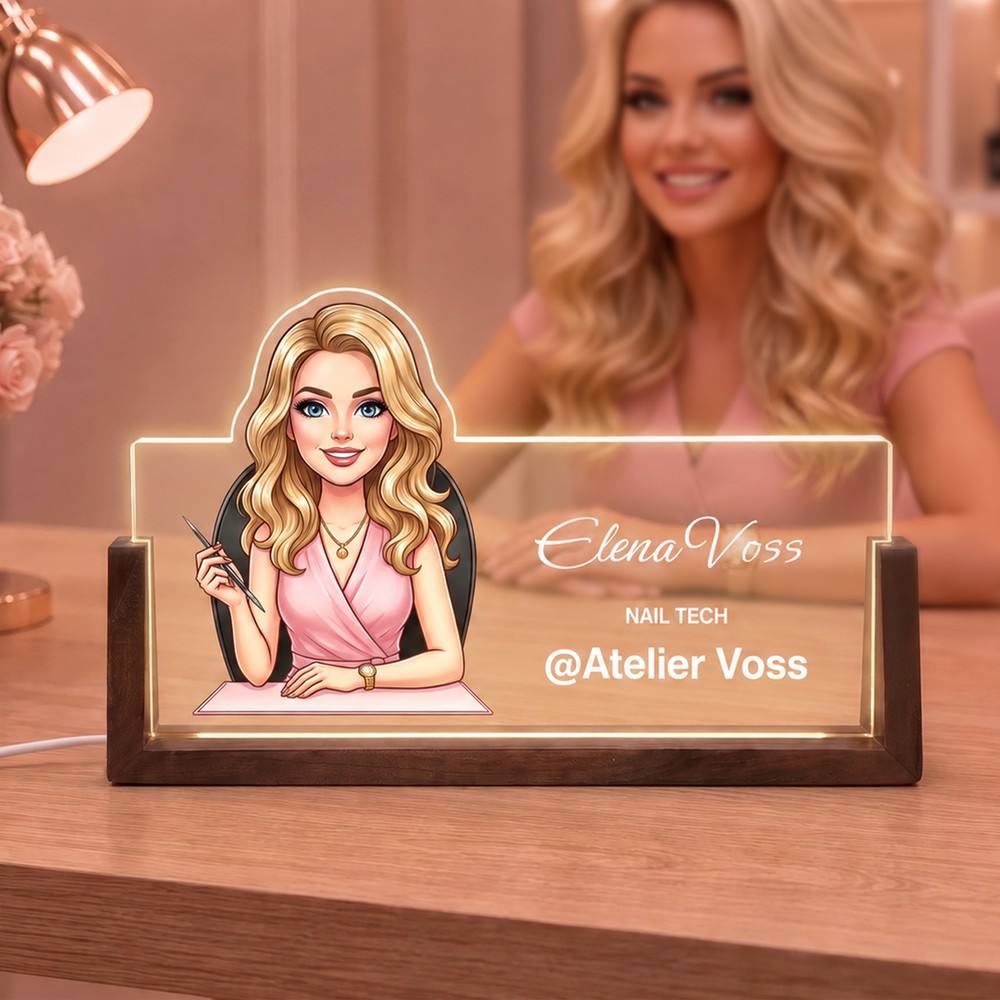 Personalized Cartoon Nail Technician Character Photo LED Night Light with Name and Store Name Table Decor Onboarding Gift for Nail Technicians
