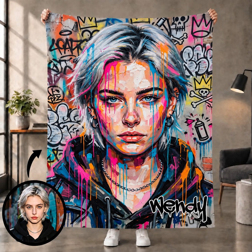 Personalized Street Graffiti Ink Splattered Art Style Photo Soft Throw Blanket with Name Birthday Christmas Gift for Family Friends